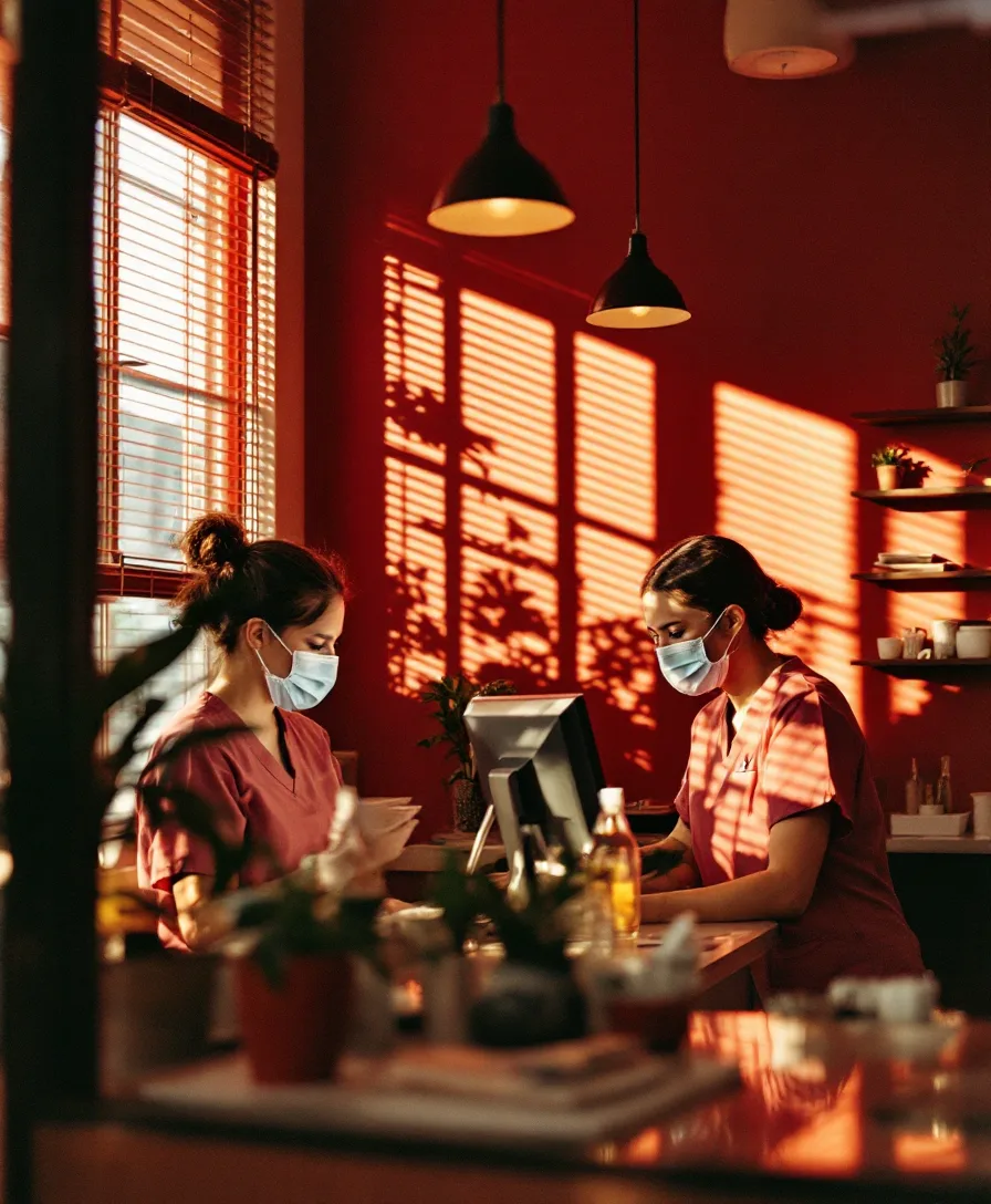 A busy clinic front desk in warm afternoon light